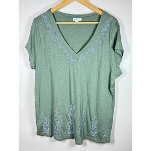 Sundance Womens Plus Size Top Short Sleeve Embroidered Boxy Fit XXL Green Cotton